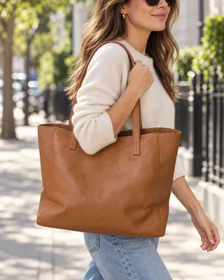 Mujer con el bolso tote de piel color camel al hombro en una calle soleada