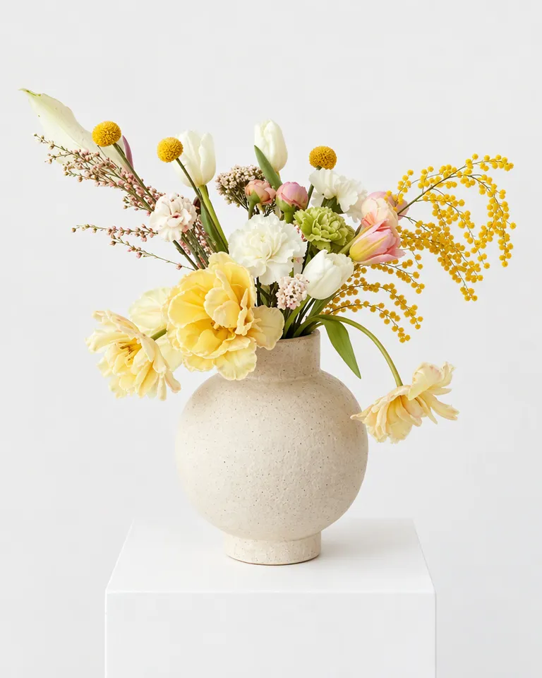 Florero de cerámica color crema con flores amarillas y blancas sobre un pedestal blanco