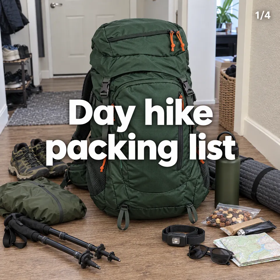 Instagram carousel cover, "Day hike packing list": the green backpack with hiking gear laid out around it
