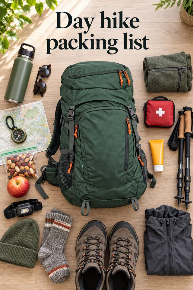 Pinterest pin titled "Day hike packing list": the green backpack with a neat hiking gear flat lay around it