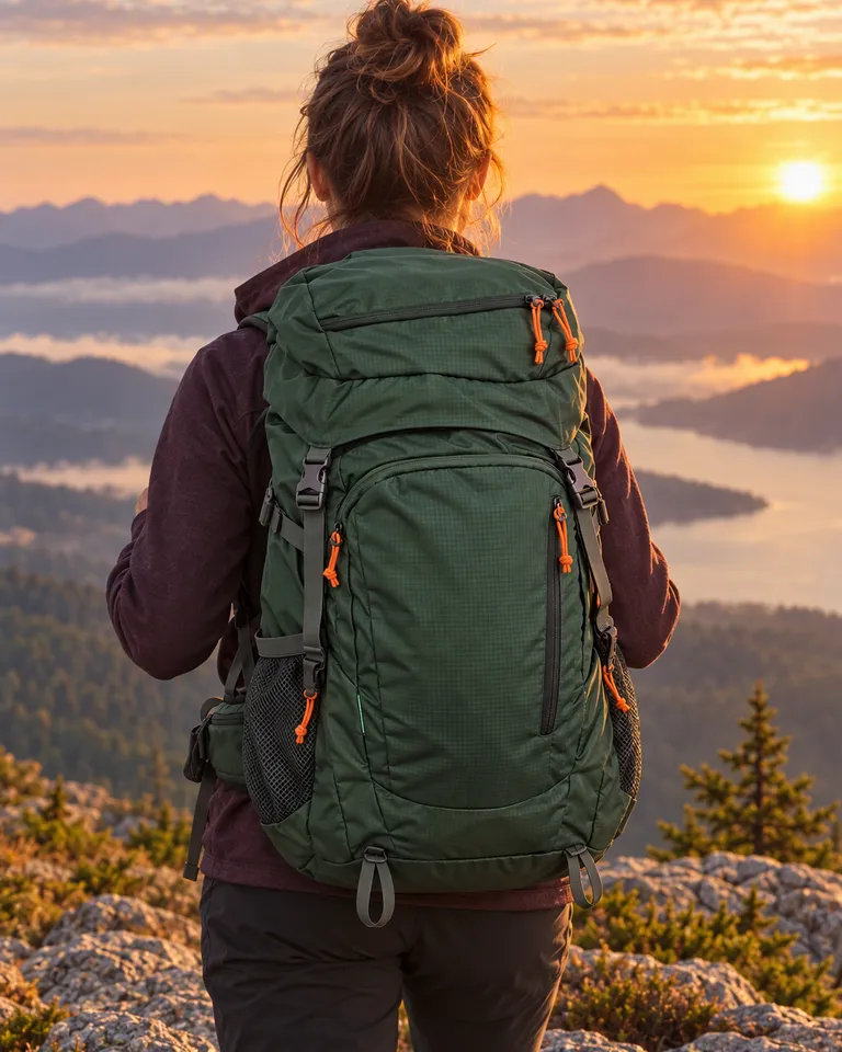 Instagram post: a hiker wearing the green backpack at a mountain viewpoint at sunrise, seen from behind