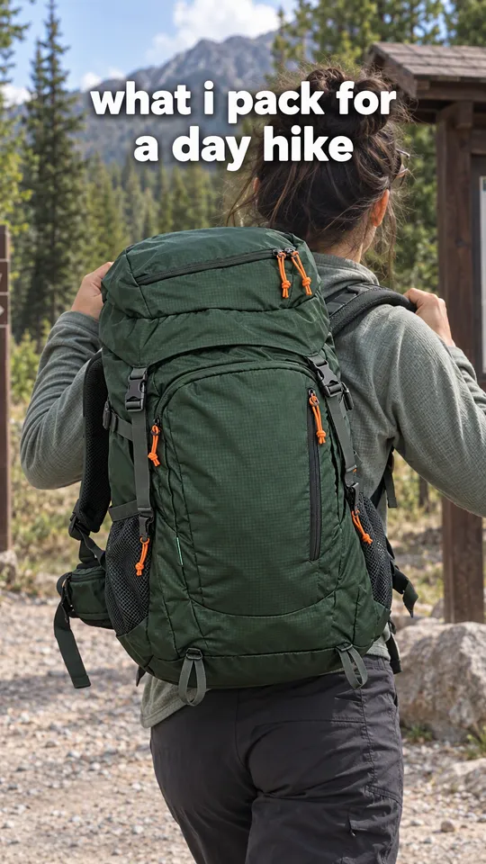 TikTok with the hook "what i pack for a day hike": a hiker swinging the green backpack on at a trailhead