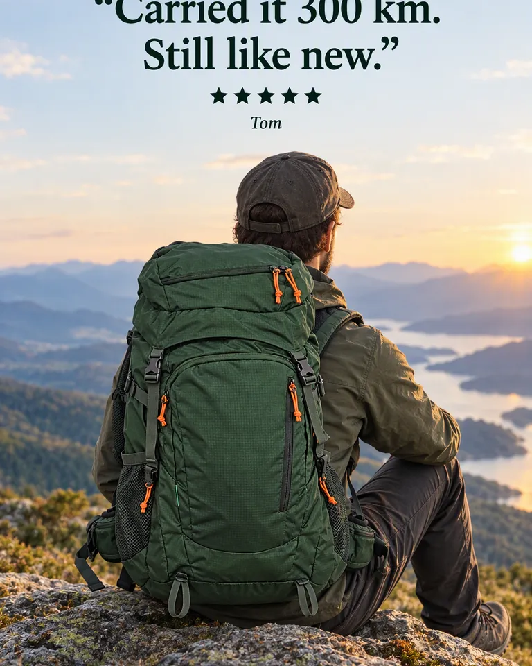 Review post quoting Tom, "Carried it 300 km. Still like new.": a hiker wearing the green backpack at a viewpoint