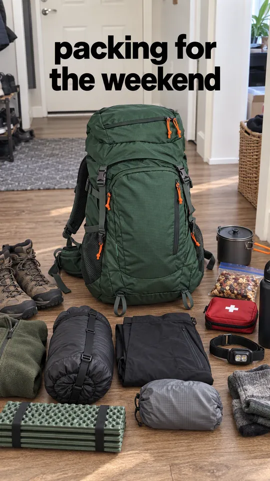 Instagram Story with "packing for the weekend" written across it: packing the green backpack for a weekend hike with gear laid out on the floor