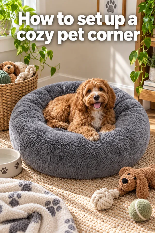 Pinterest pin titled "How to set up a cozy pet corner": the grey plush dog bed in a cozy pet corner with toys and a folded blanket