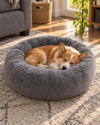 Instagram post: a corgi asleep in the grey plush dog bed by a sunny living room window