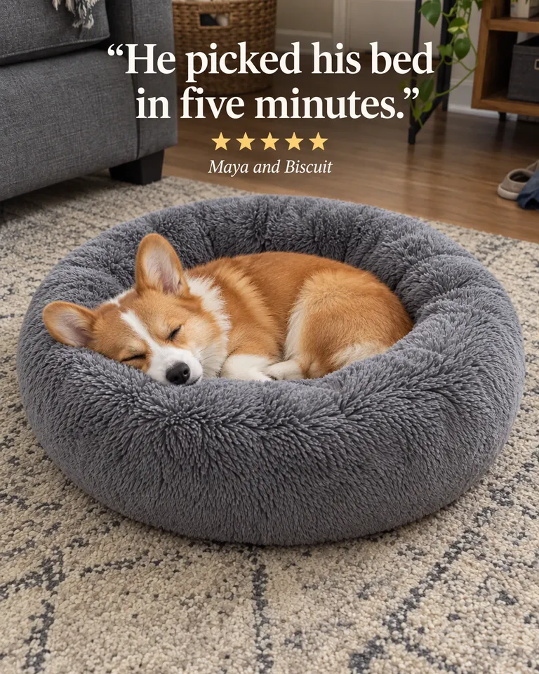 Review post quoting Maya and Biscuit, "He picked his bed in five minutes.": a corgi asleep in the grey plush bed