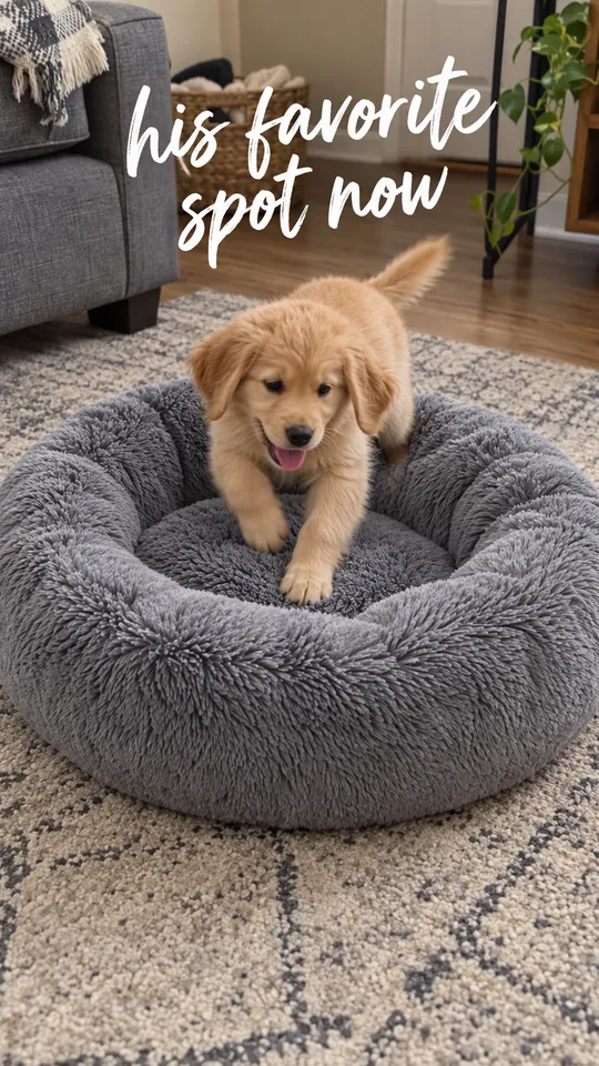 Instagram Story with "his favorite spot now" written across it: a playful puppy jumping into the grey plush dog bed