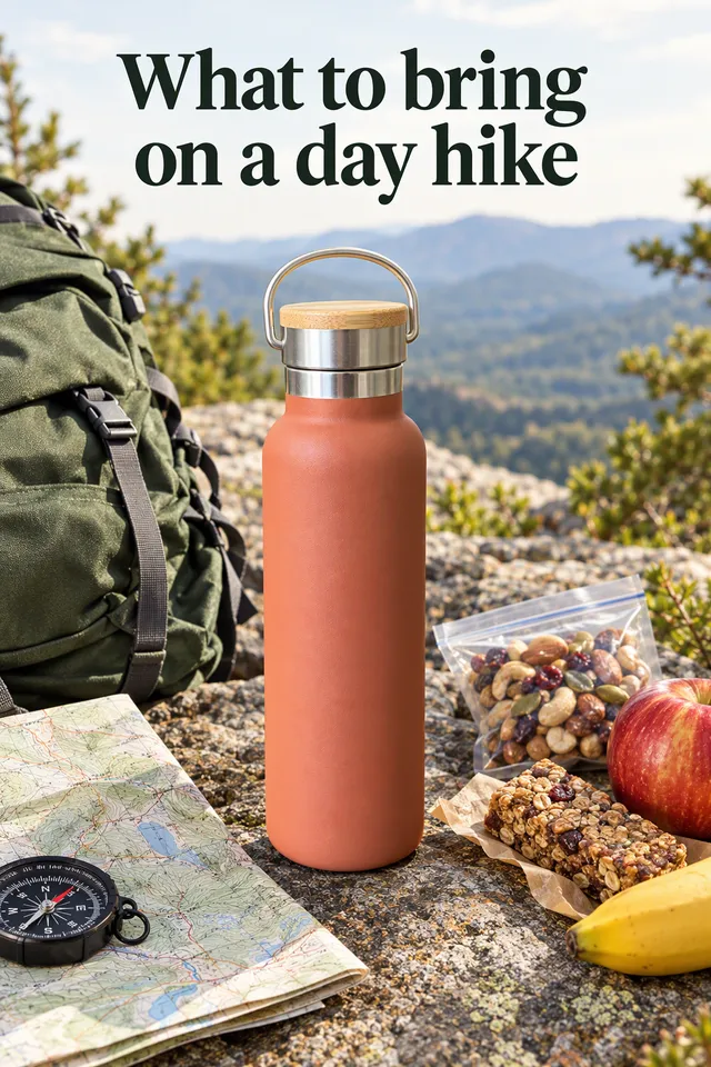 Pinterest pin titled "What to bring on a day hike": the terracotta bottle in a hiking flat lay with a map and snacks
