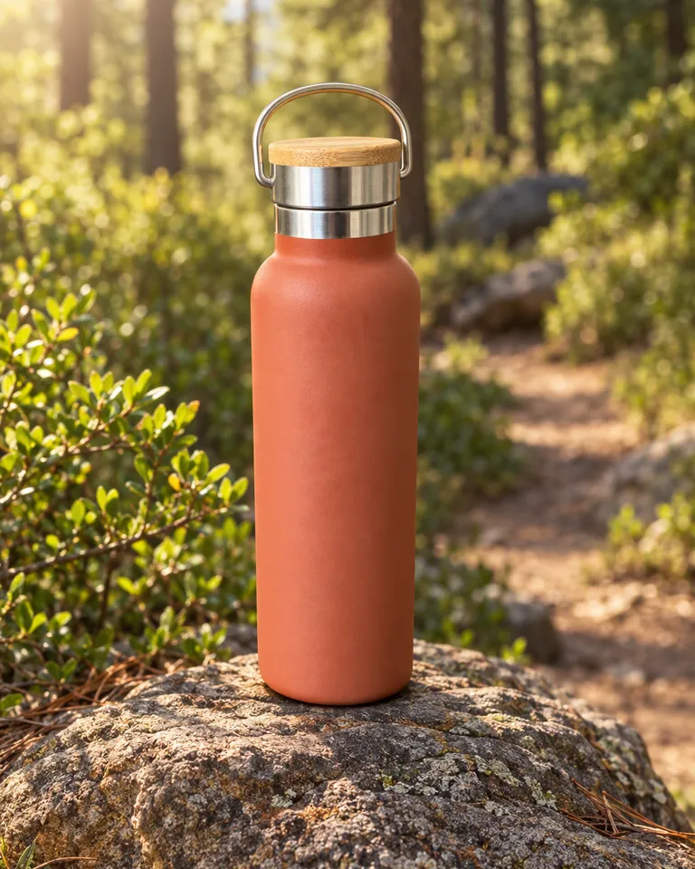 Instagram post: the terracotta water bottle on a rock by a forest trail in the morning