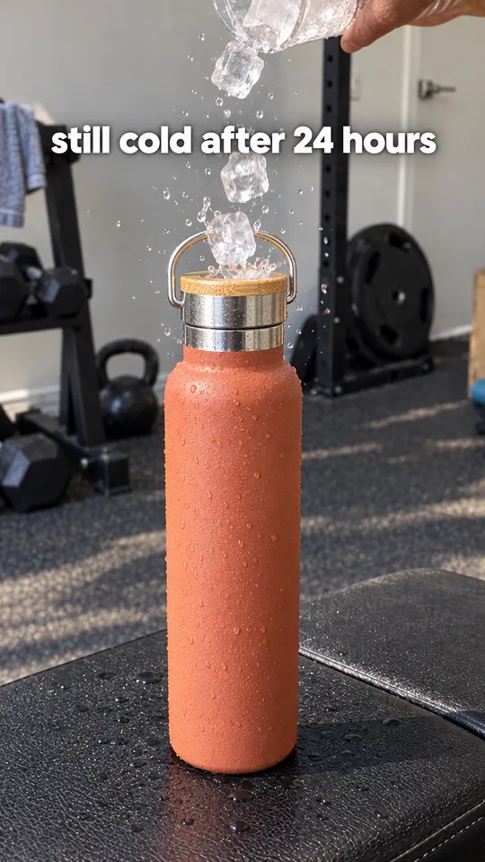 TikTok with the hook "still cold after 24 hours": ice cubes dropping into the terracotta bottle on a hot day
