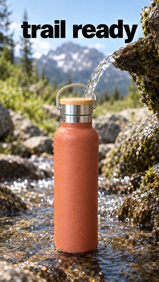 Instagram Story with "trail ready" written across it: the terracotta bottle being filled at a mountain stream
