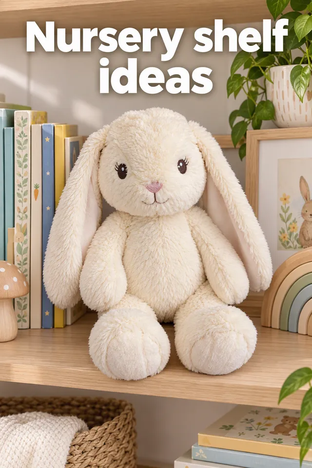 Pinterest pin titled "Nursery shelf ideas": the cream plush bunny in a soft nursery shelf styled with books