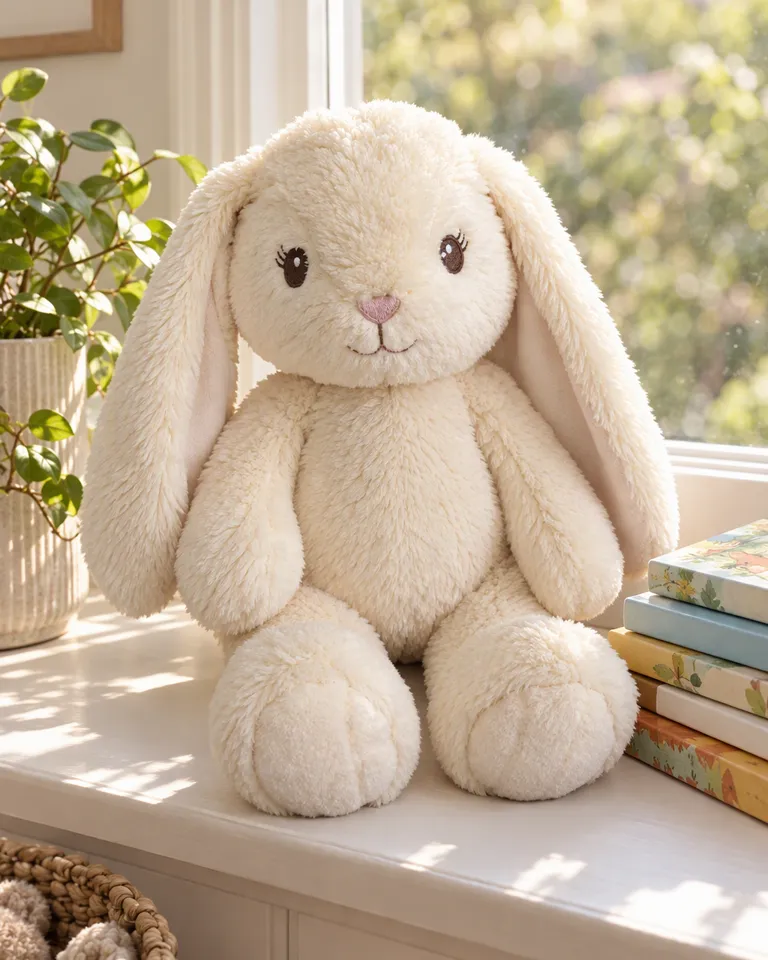 Instagram post: the cream plush bunny on a sunny nursery windowsill beside a stack of picture books