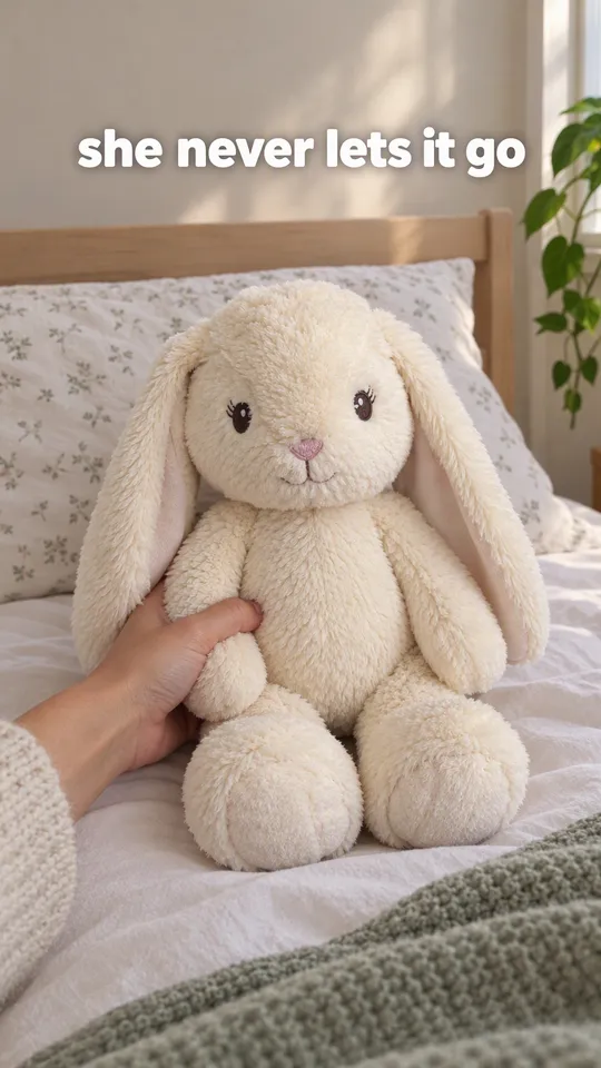 TikTok with the hook "she never lets it go": an adult hand placing the cream plush bunny on a neatly made small bed