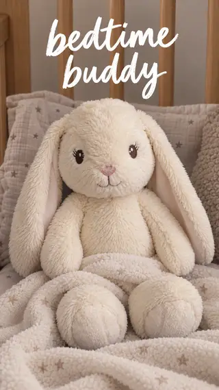 Instagram Story with "bedtime buddy" written across it: the cream plush bunny tucked into a crib with a soft blanket