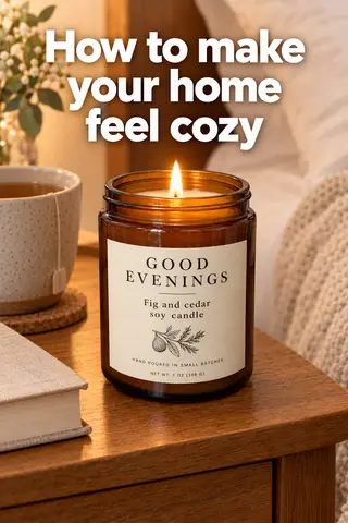 Pinterest pin titled "How to make your home feel cozy": the Good Evenings candle lit on a cozy bedside table with a book and tea