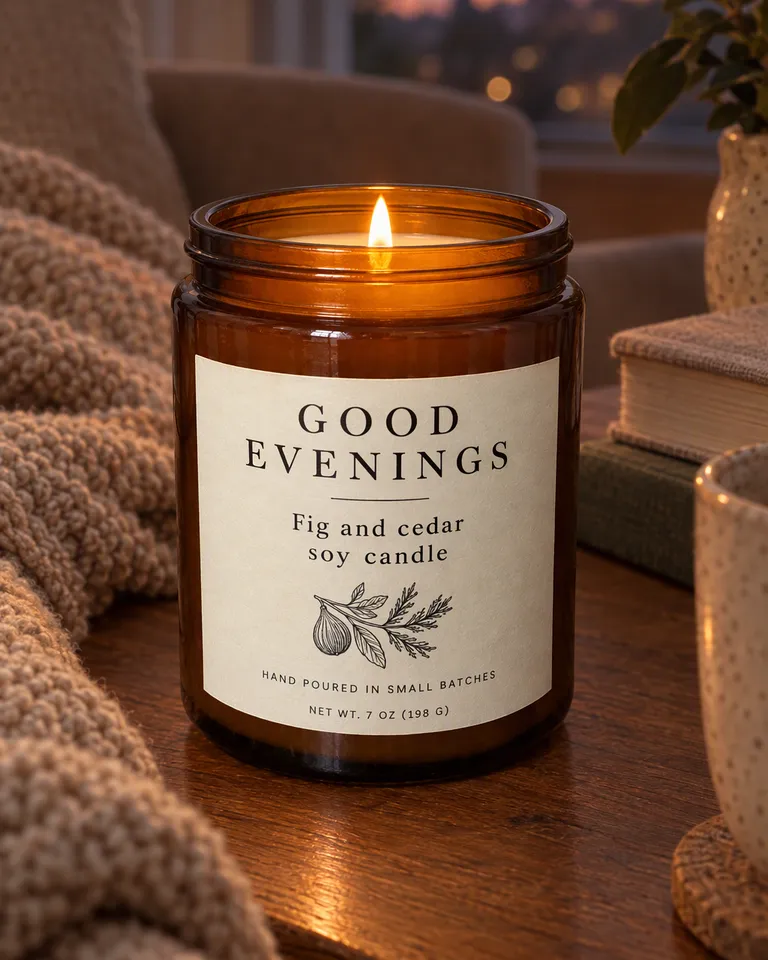 Instagram post: the Good Evenings candle lit on a coffee table with a blanket and books at dusk