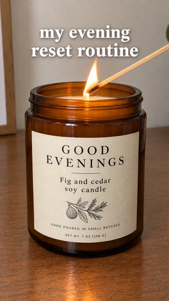 TikTok with the hook "my evening reset routine": lighting the Good Evenings candle with a long match, the flame catching