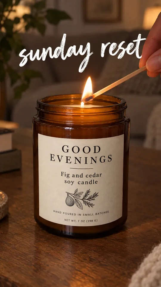 Instagram Story with "sunday reset" written across it: a match lighting the Good Evenings candle in a dim living room