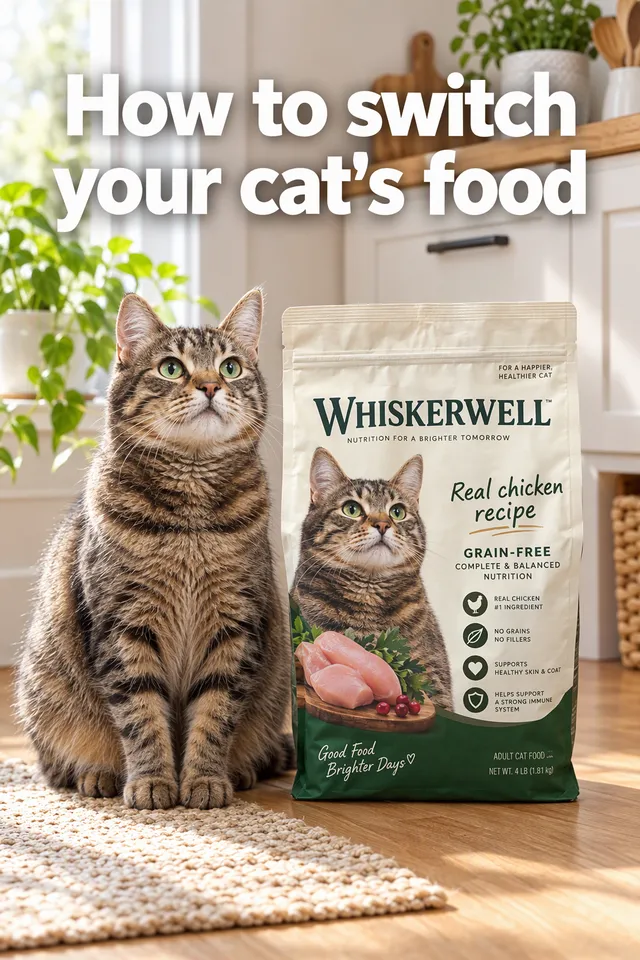 Pinterest pin titled "How to switch your cat's food": a cat beside the Whiskerwell cat food bag in a bright kitchen corner