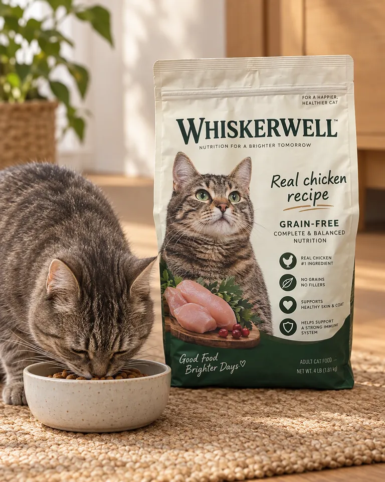 Instagram post: a grey cat eating from a ceramic bowl beside the Whiskerwell cat food bag
