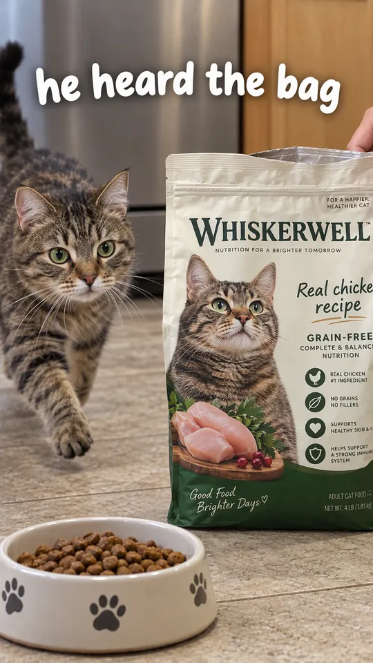 TikTok with the hook "he heard the bag": a cat running to its bowl as the Whiskerwell food bag is opened