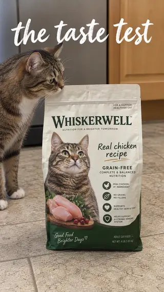 Instagram Story with "the taste test" written across it: a cat sniffing the Whiskerwell cat food bag on a kitchen floor