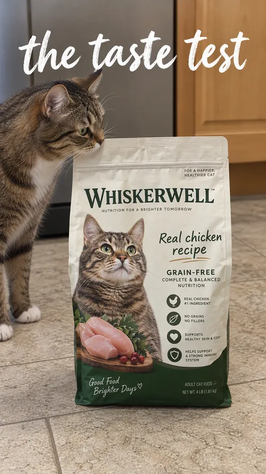 Instagram Story with "the taste test" written across it: a cat sniffing the Whiskerwell cat food bag on a kitchen floor