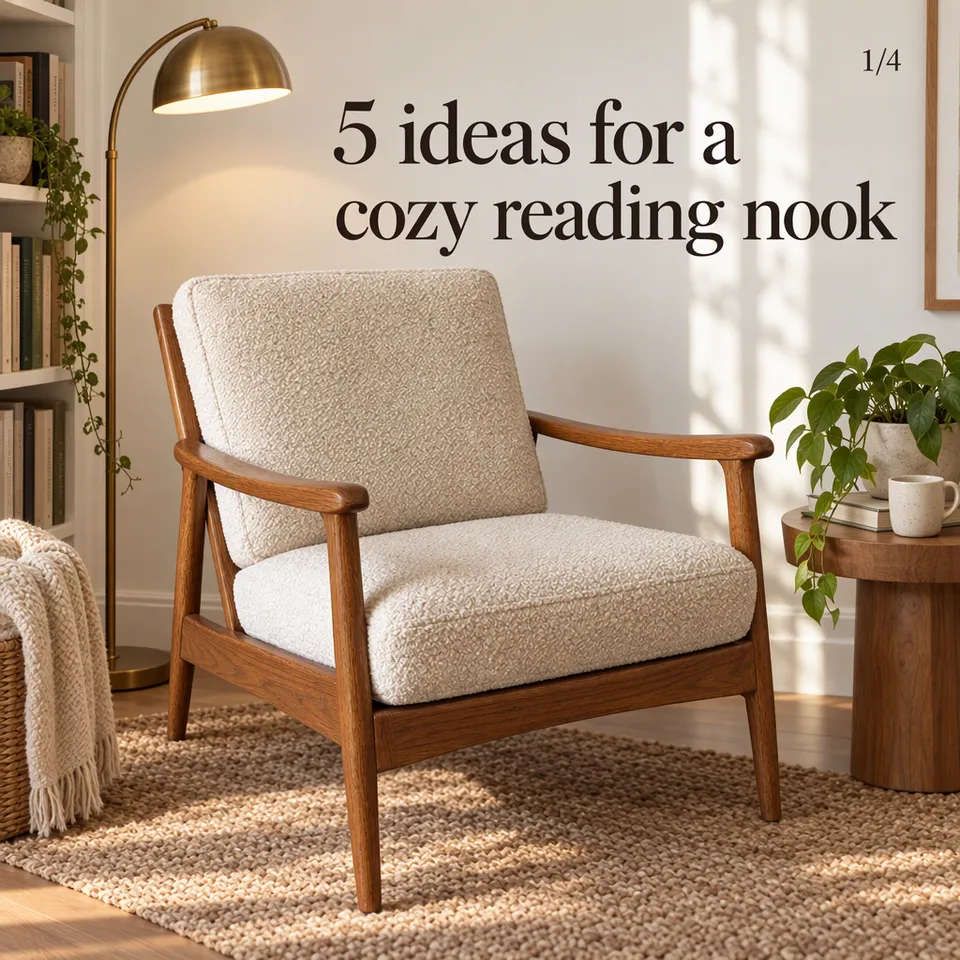 Instagram carousel cover, "5 ideas for a cozy reading nook": the oak armchair in a reading nook with a lamp