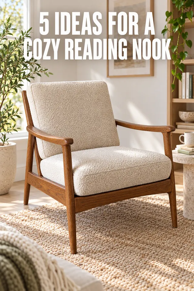 Pinterest pin titled "5 ideas for a cozy reading nook": the oak armchair styled in a bright minimalist living room with a plant