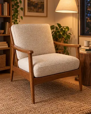 Instagram post: the oak armchair in a reading nook with a floor lamp and a stack of books, warm evening light