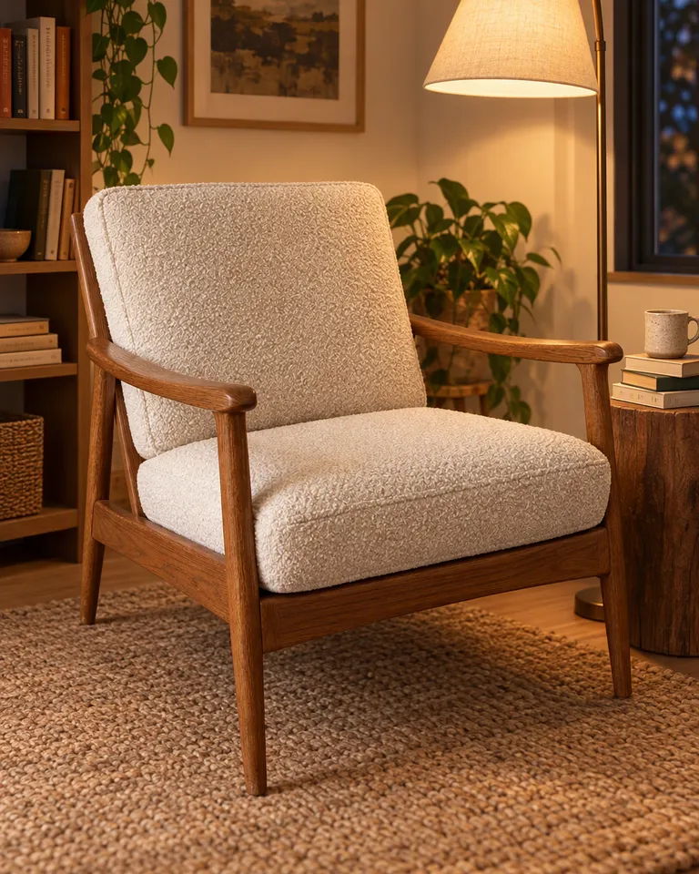 Instagram post: the oak armchair in a reading nook with a floor lamp and a stack of books, warm evening light