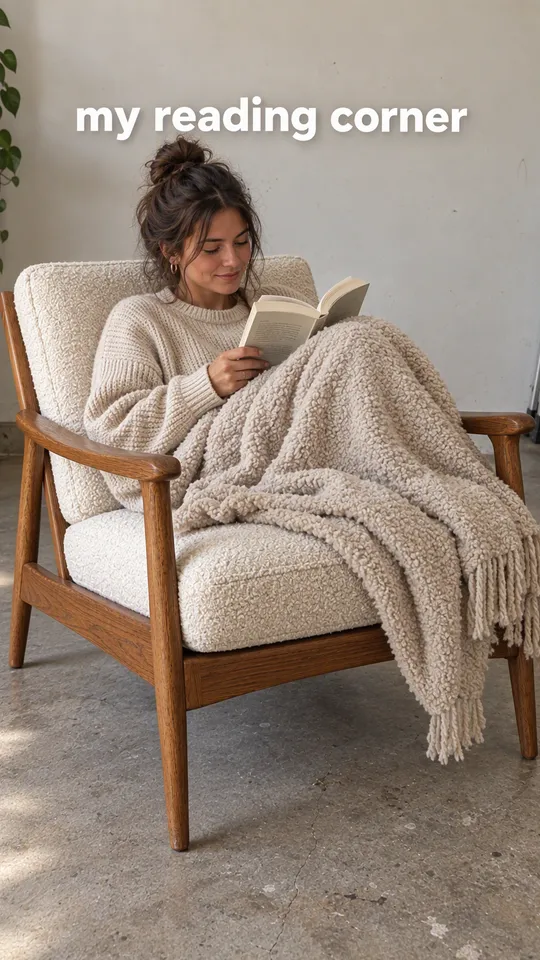 TikTok with the hook "my reading corner": a woman curling up in the oak armchair with a blanket