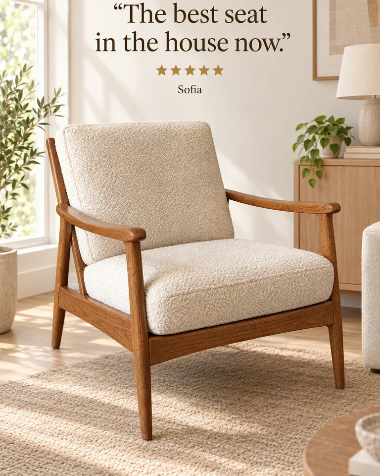 Review post quoting Sofia, "The best seat in the house now.": the oak armchair in a bright living room