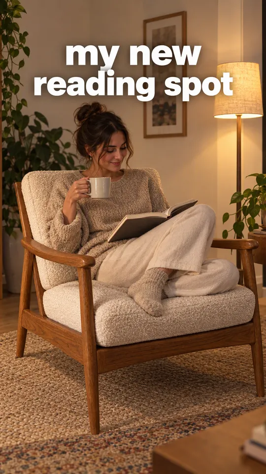 Instagram Story with "my new reading spot" written across it: a woman sitting down in the oak armchair with a cup of tea on a cozy evening