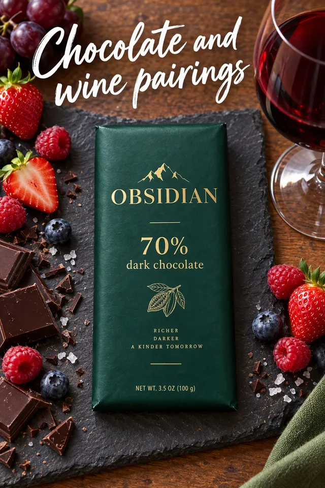 Pinterest pin titled "Chocolate and wine pairings": the Obsidian chocolate bar with berries and a glass of red wine on a slate board