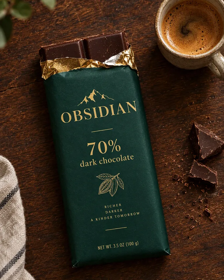 Instagram post: the Obsidian chocolate bar half unwrapped beside an espresso on a dark wooden table