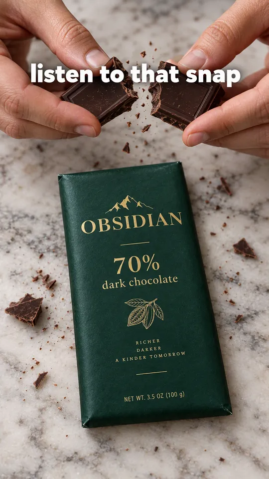 TikTok with the hook "listen to that snap": a hand breaking the Obsidian chocolate bar into squares on a marble counter