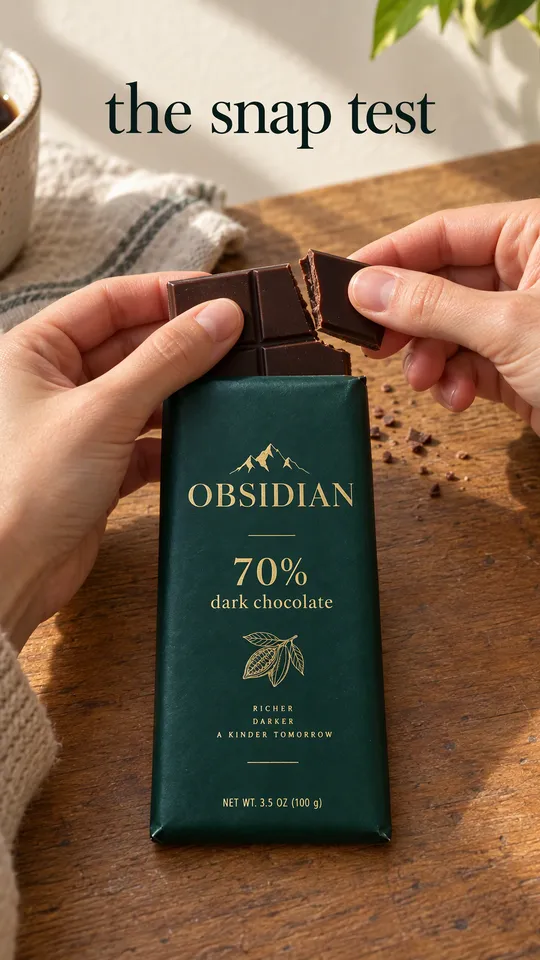 Instagram Story with "the snap test" written across it: hands snapping a piece off the Obsidian chocolate bar