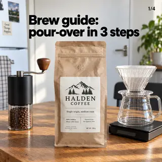 Instagram carousel cover, "Brew guide: pour-over in 3 steps": the Halden coffee bag with a grinder and a scale on a counter