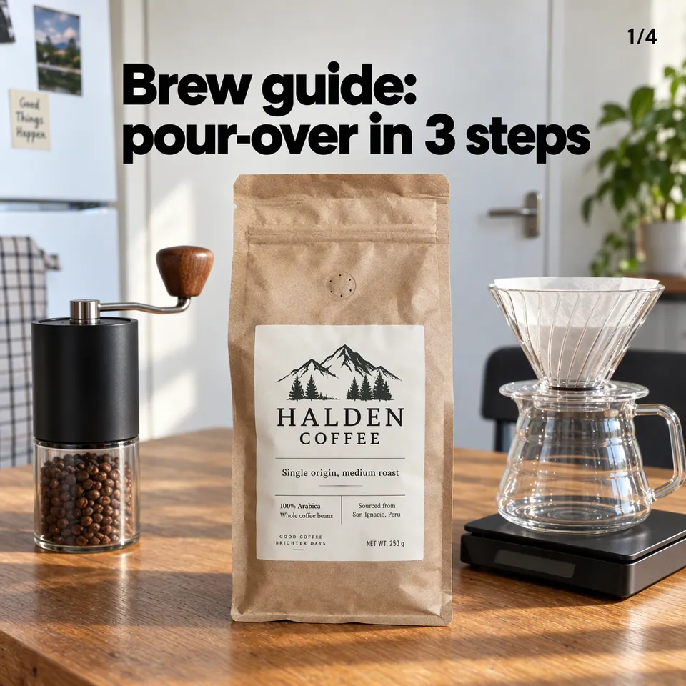 Instagram carousel cover, "Brew guide: pour-over in 3 steps": the Halden coffee bag with a grinder and a scale on a counter