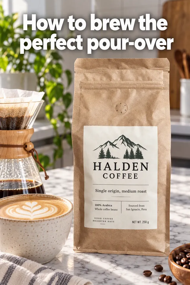 Pinterest pin titled "How to brew the perfect pour-over": the Halden coffee bag beside a latte with latte art on a marble counter