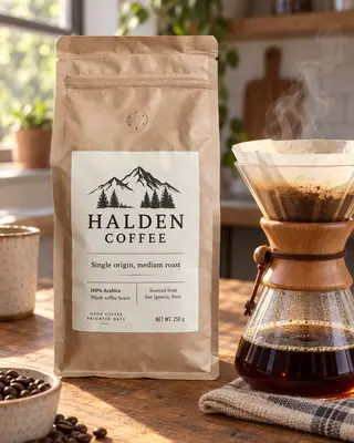 Instagram post: the Halden coffee bag beside a pour-over brew on a wooden counter with steam rising