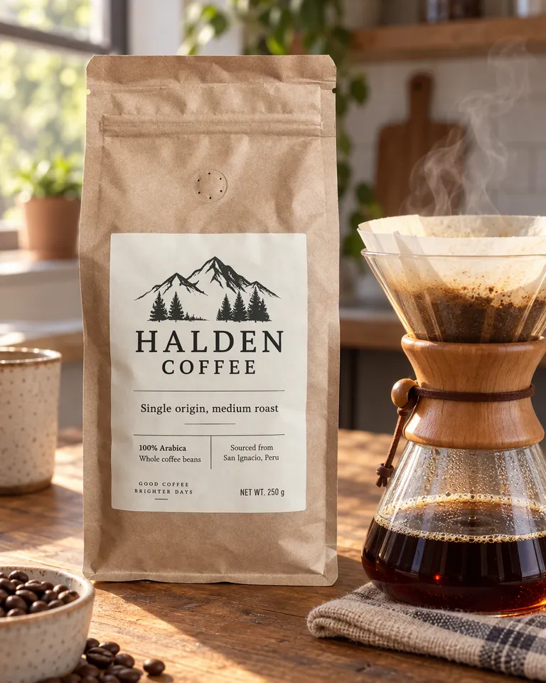 Instagram post: the Halden coffee bag beside a pour-over brew on a wooden counter with steam rising