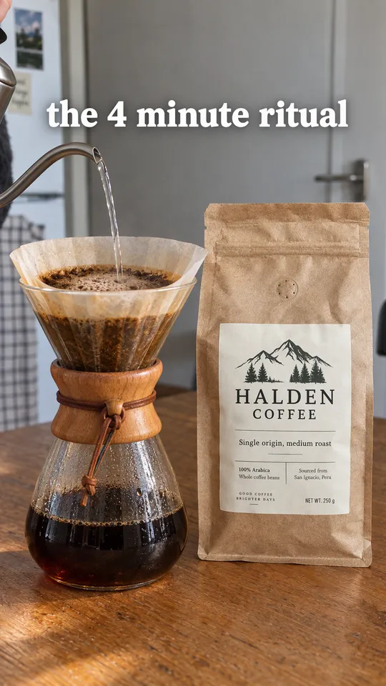 TikTok with the hook "the 4 minute ritual": pouring water over coffee grounds in a pour-over with the Halden coffee bag beside it
