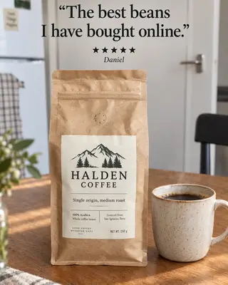 Review post quoting Daniel, "The best beans I have bought online.": the Halden coffee bag beside a cup