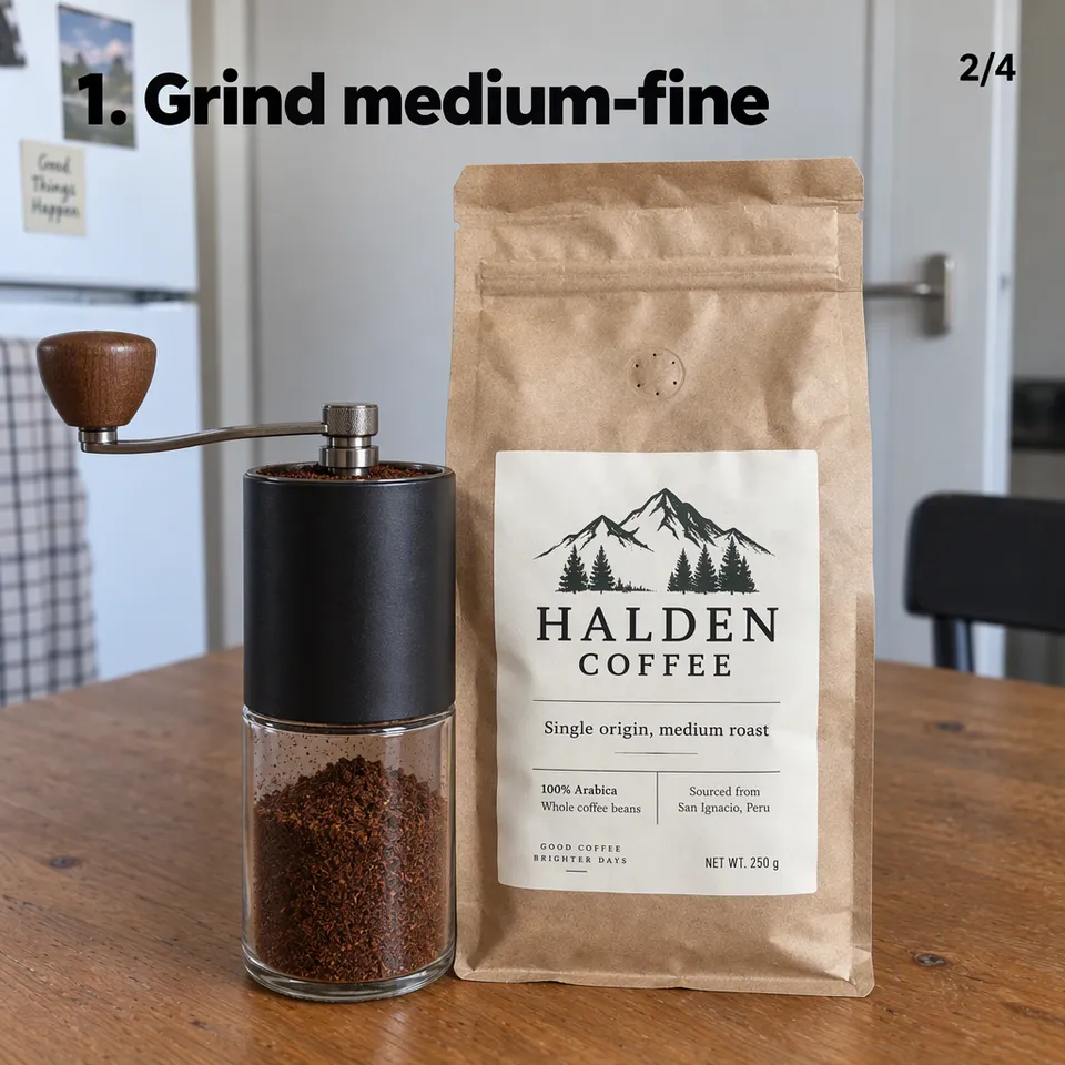 Carousel slide "1. Grind medium-fine": a hand grinder full of grounds beside the Halden bag