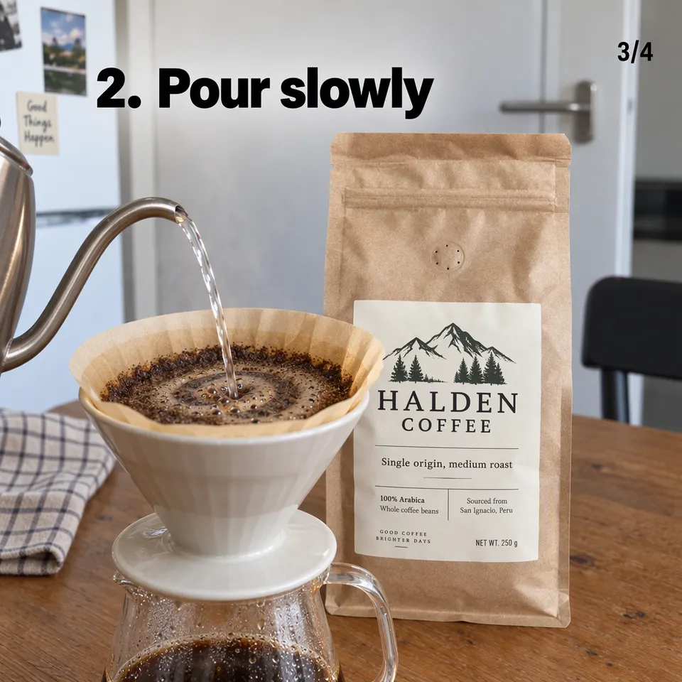 Carousel slide "2. Pour slowly": water poured in a slow spiral over a pour-over, the Halden bag behind