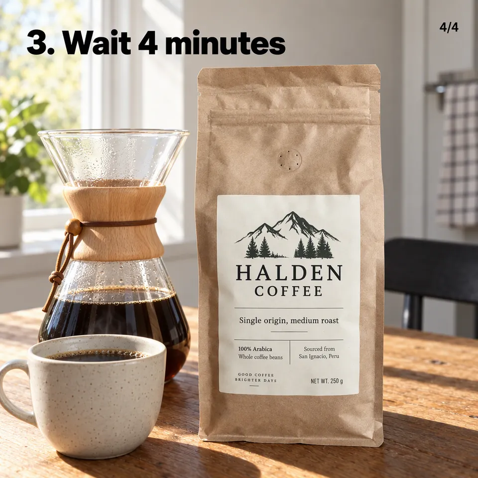 Carousel slide "3. Wait 4 minutes": a full carafe and a cup beside the Halden bag